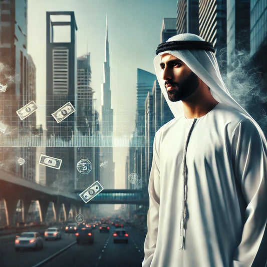 evocative image of a UAE local man facing financial challenges. His expression and the city’s bustling backdrop embody the tension and resilience