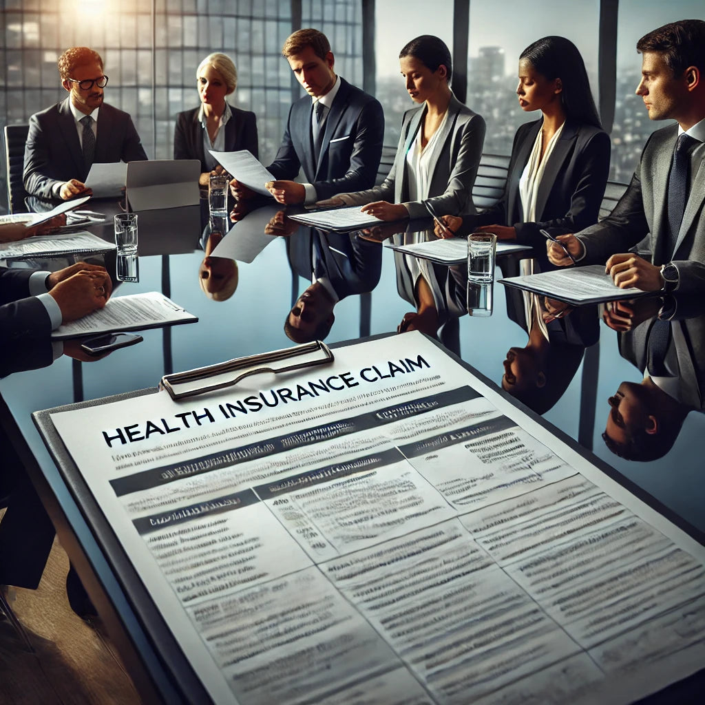 images with a focus on accurate English text on the insurance claim form, along with a sophisticated setting for professionals reviewing the documents.